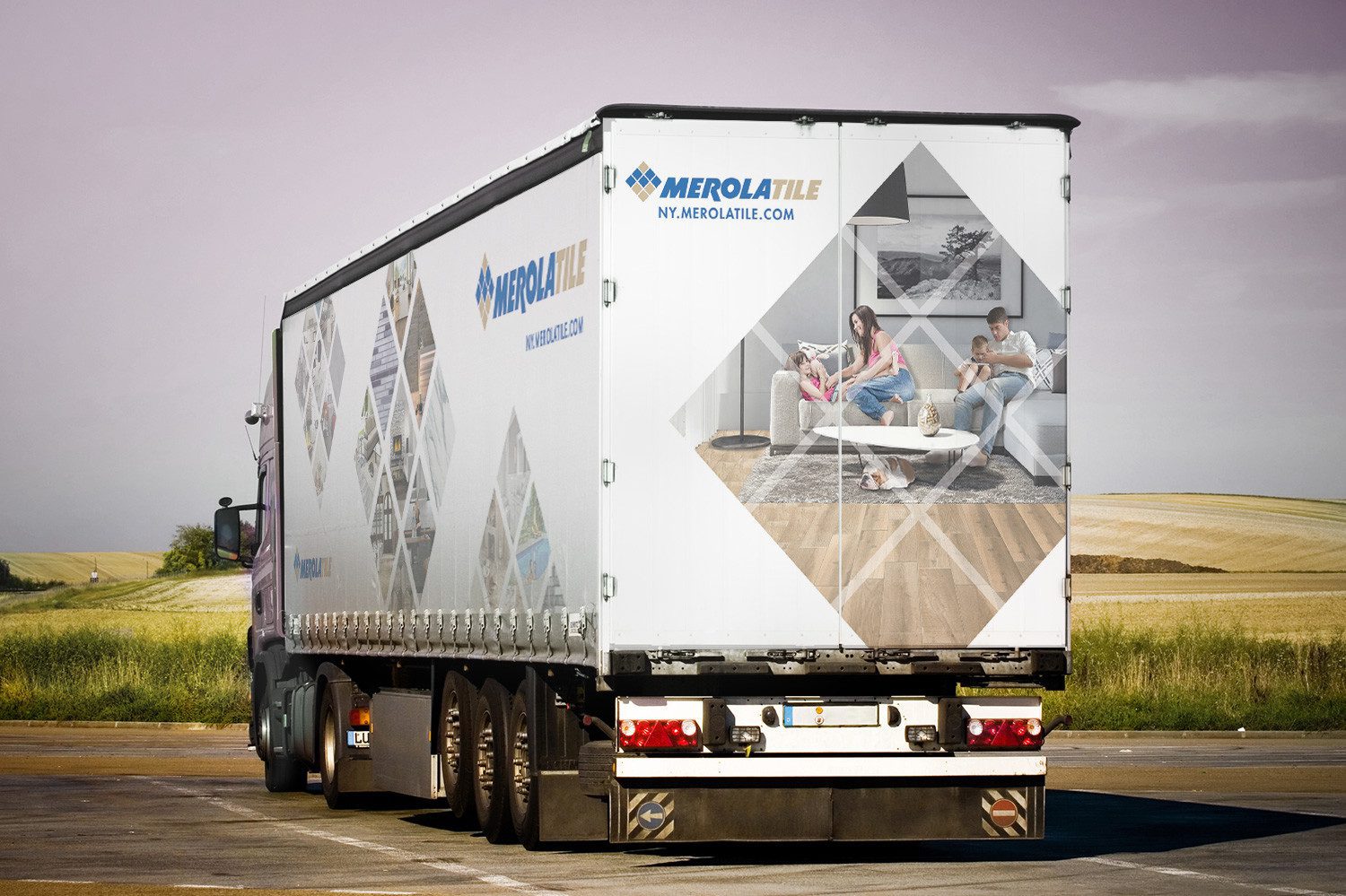 Merola Tile truck wrap design on the rear of a delivery trailer, created by Pesce MediaWorks
