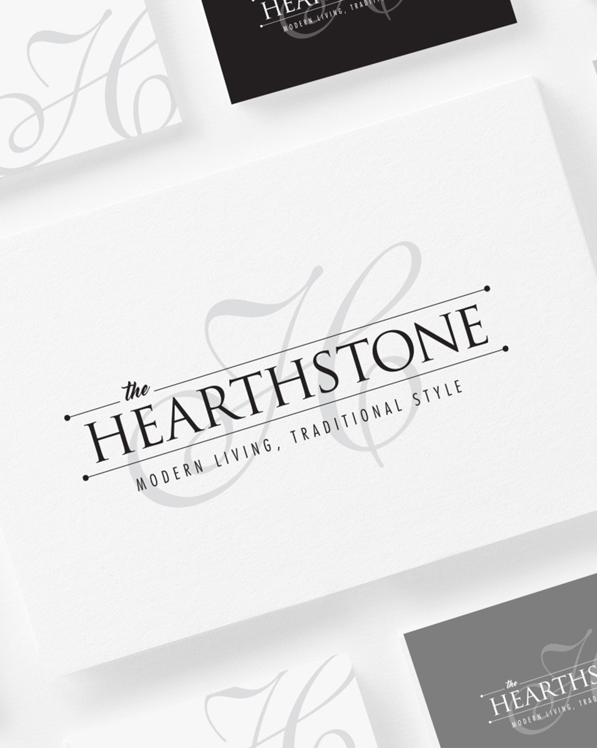 Hearthstone logo, modern living, traditional style, shown on branded stationery by Pesce MediaWorks