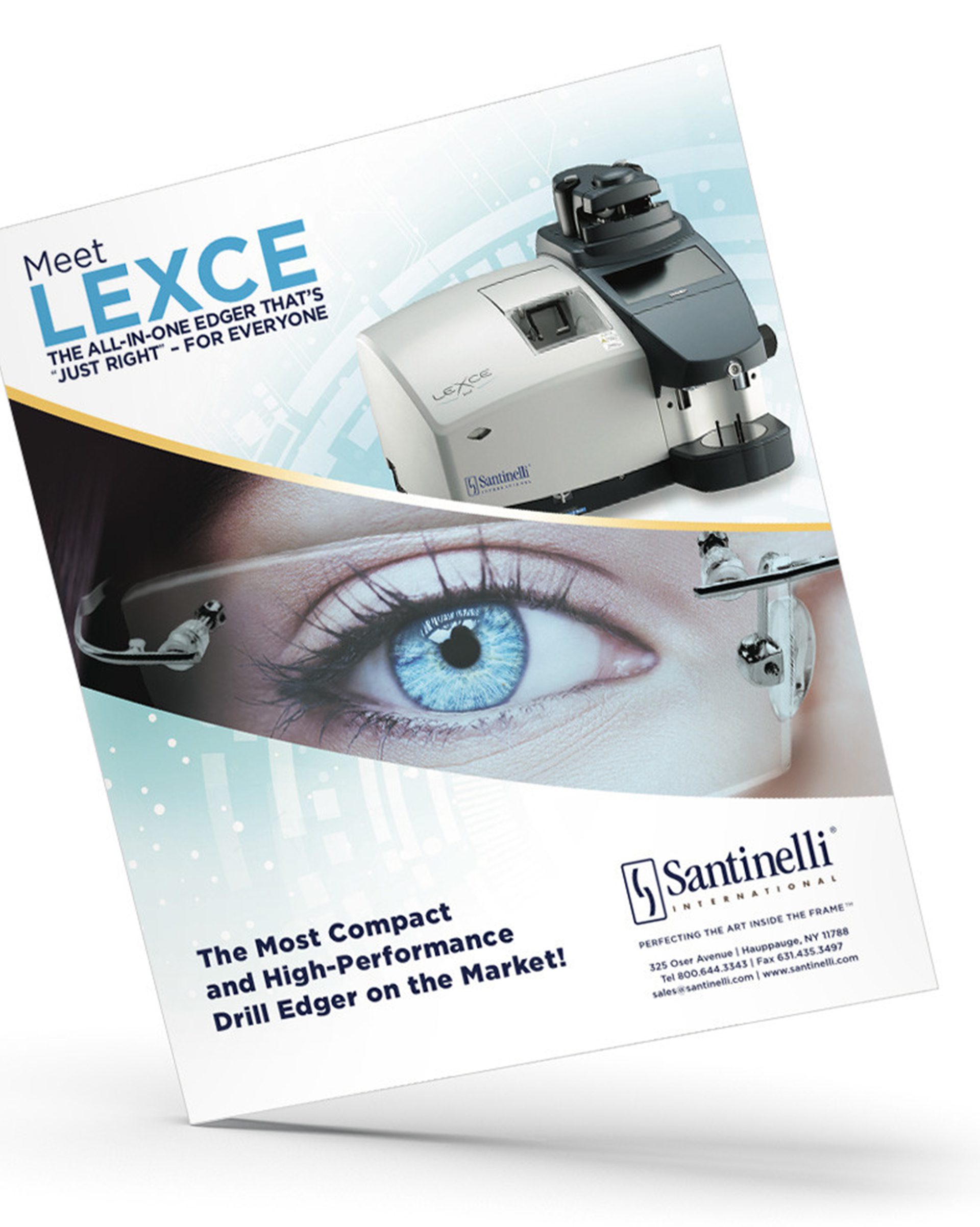 Santinelli International LEXCE ad design featuring a close-up of an eye and a lab instrument