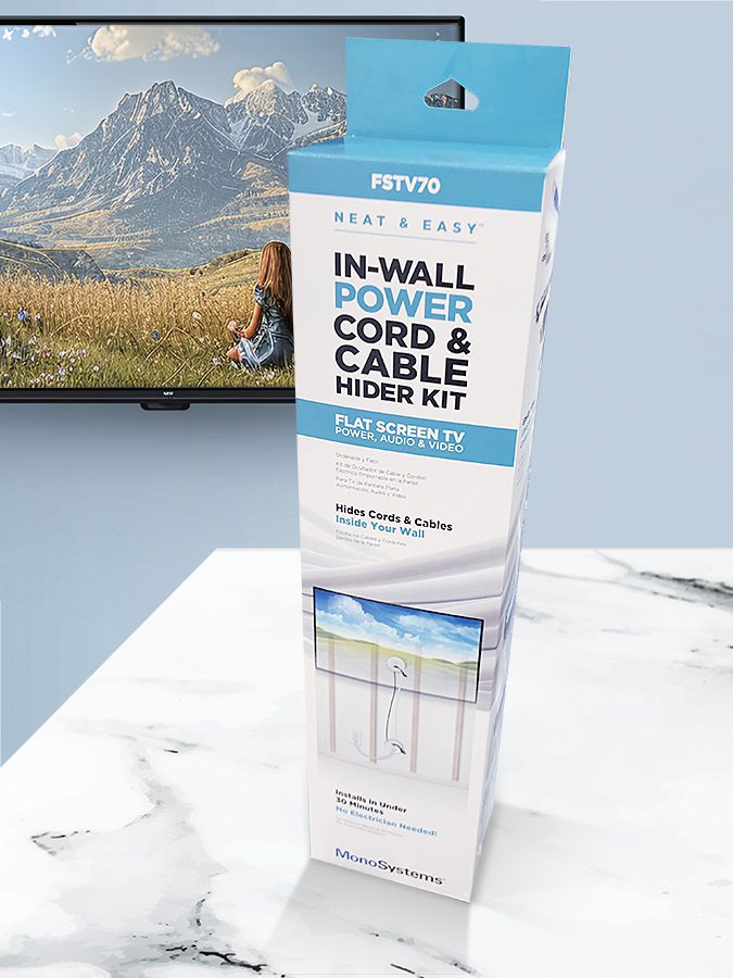 Monosystems in-wall power cord and cable hider kit retail packaging design by Pesce MediaWorks
