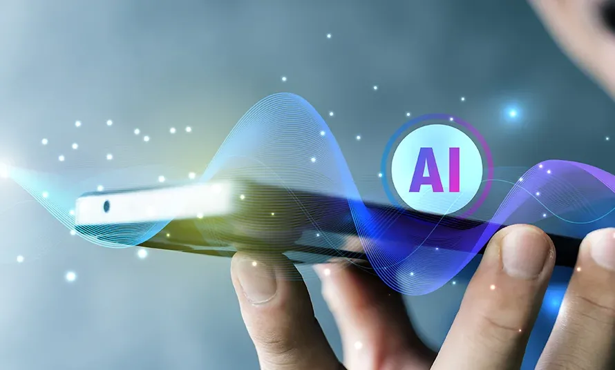 Hand holding a smartphone with a glowing AI symbol and light waves representing AI search