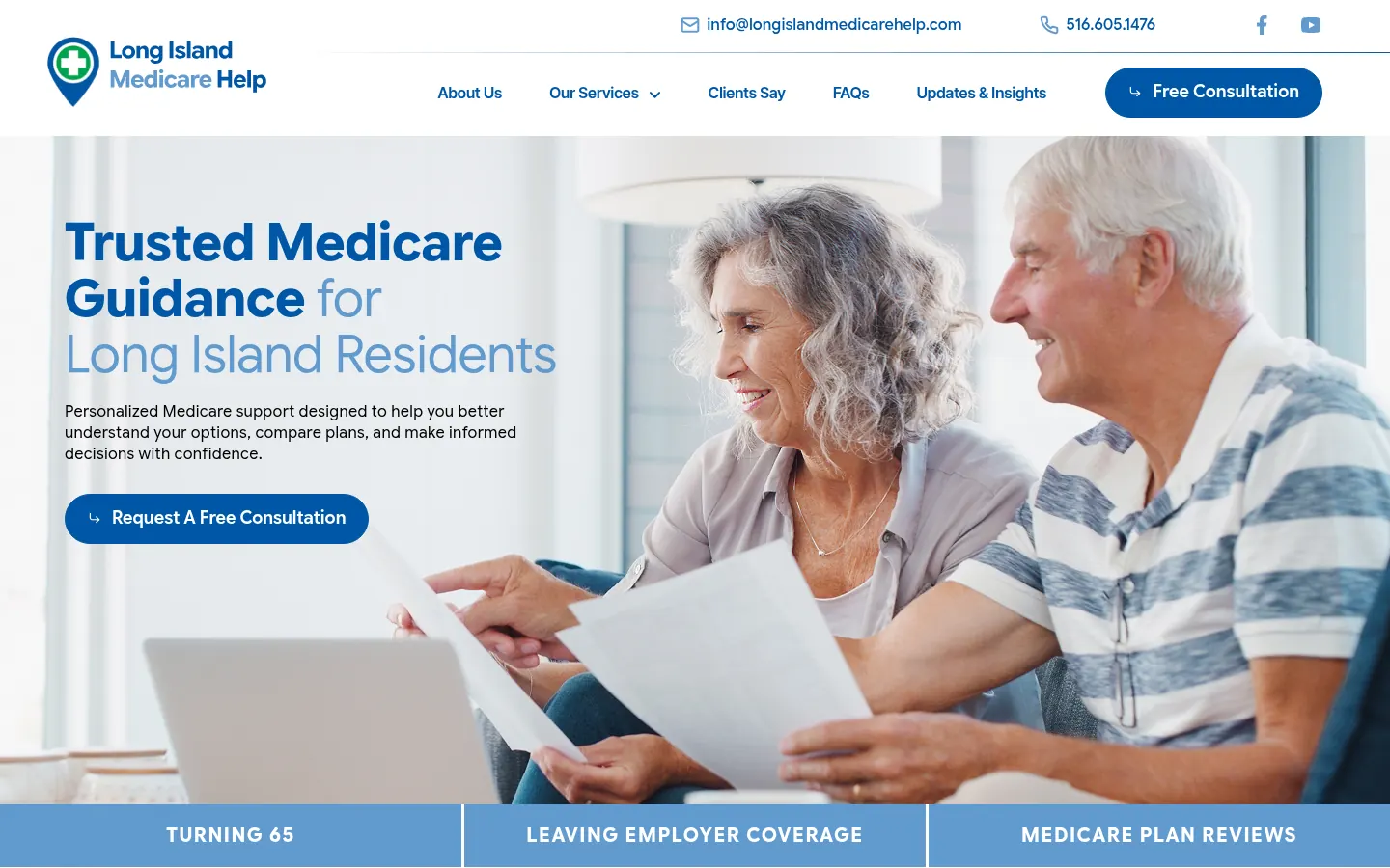 Long Island Medicare Help homepage hero: headline Trusted Medicare Guidance for Long Island Residents, a Request A Free Consultation button and a photo of an older couple reviewing papers at a laptop