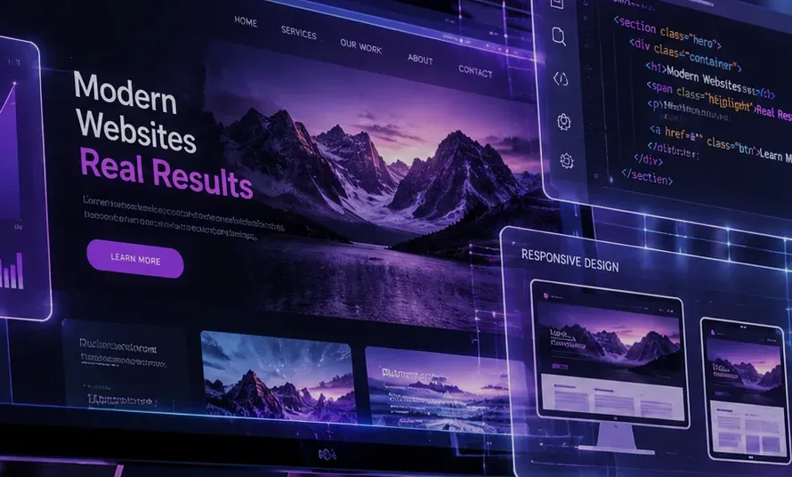 Modern Websites, Real Results: dark purple website design mockup across desktop, tablet and mobile screens