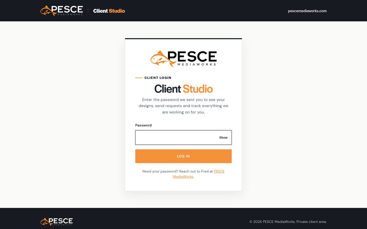 Client Studio login page with a password field and a Log In button