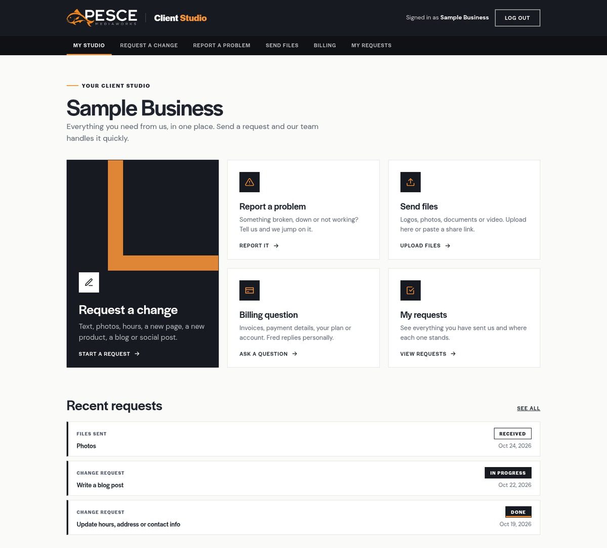 Client Studio dashboard for a sample business showing options to request a change, report a problem, send files and view recent requests