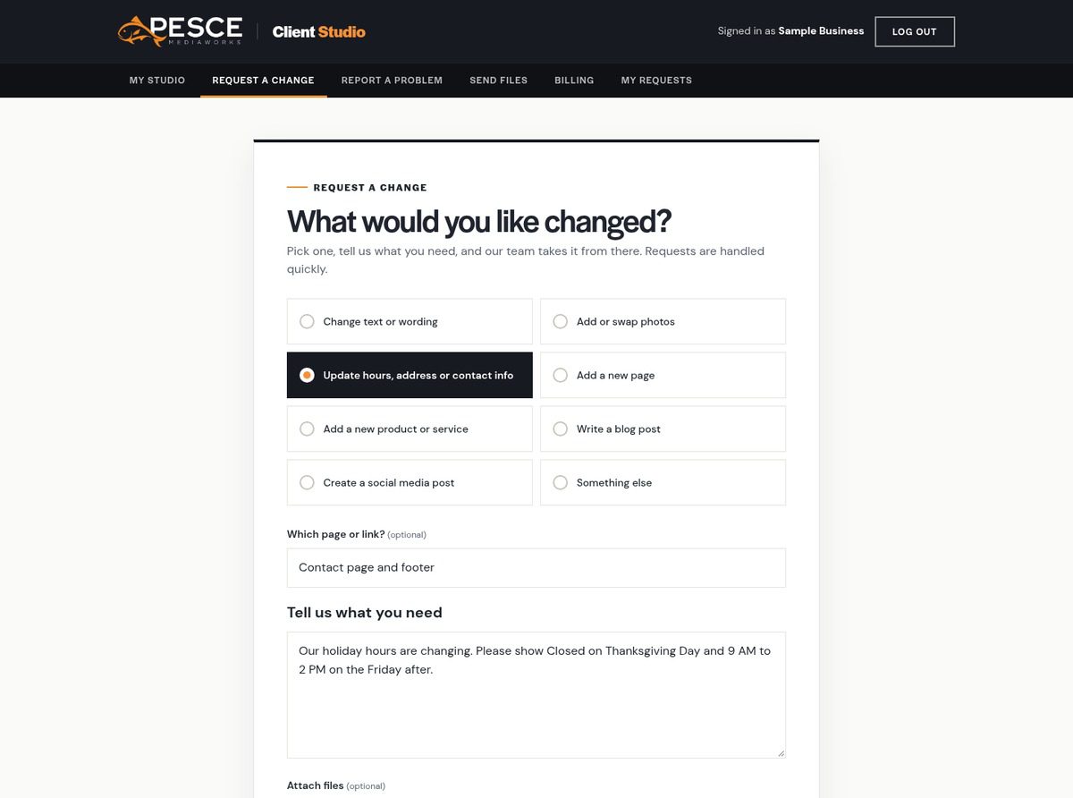 Client Studio change request form filled out with an example request to update holiday hours