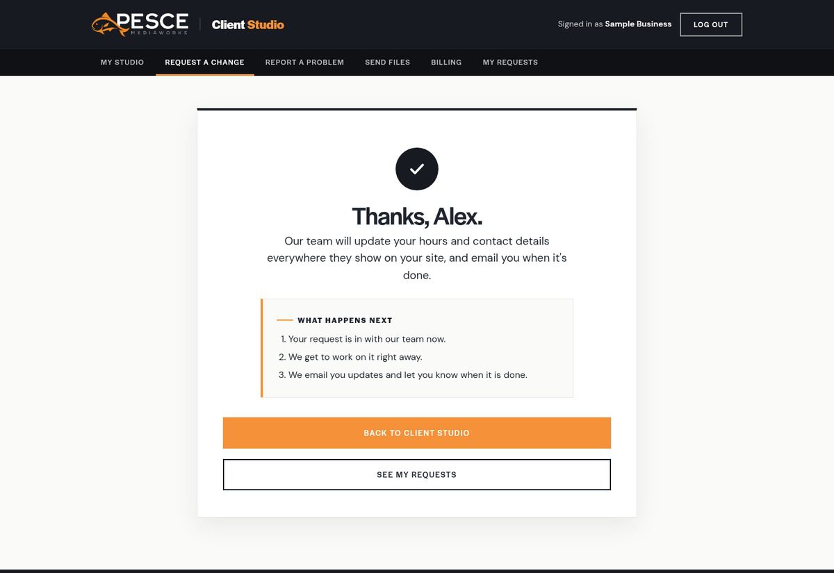 Client Studio confirmation screen thanking the client and explaining what happens next