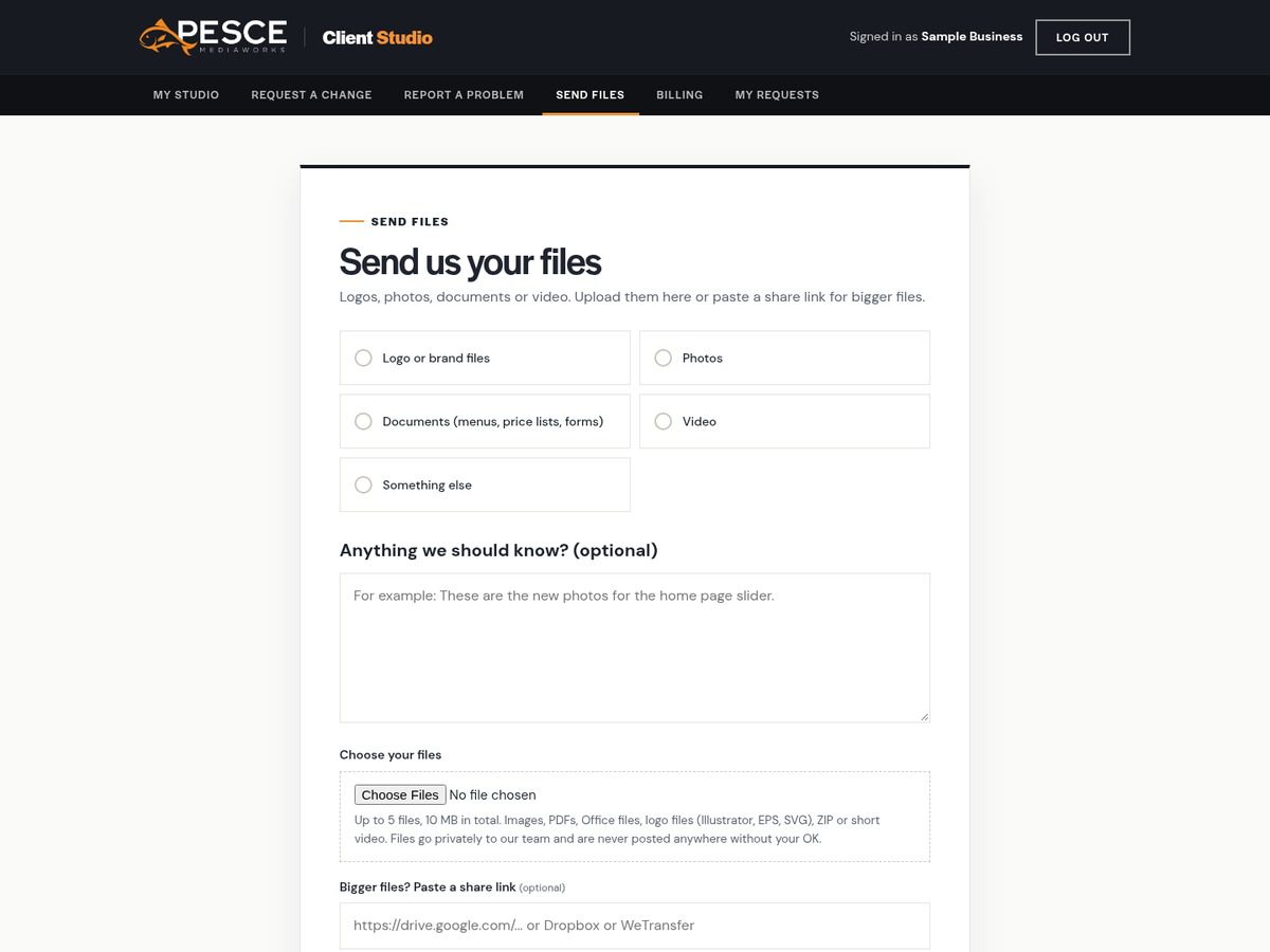 Client Studio Send Files page for uploading logos, photos, documents or video
