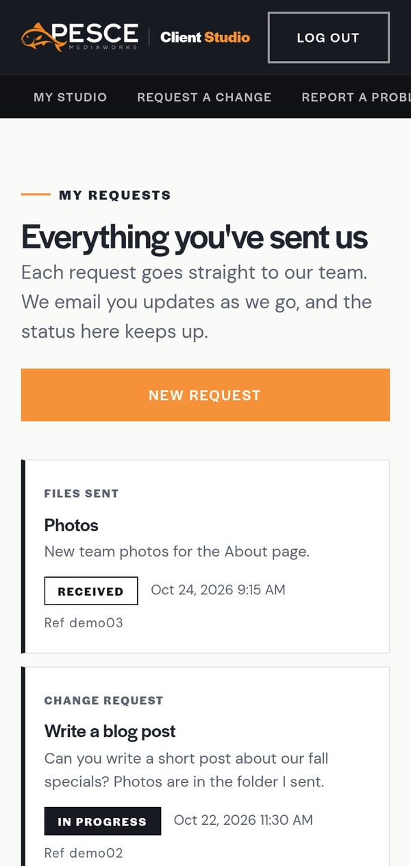 Client Studio My Requests page on a phone showing requests marked Received and In progress