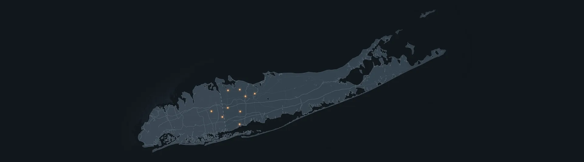 Map of Long Island showing Nassau County and Suffolk County, with markers for the towns Pesce MediaWorks serves
